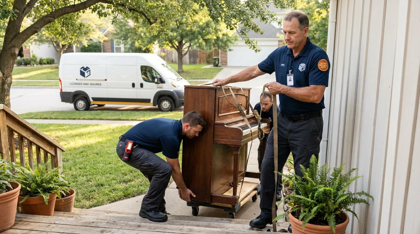 Licensed piano movers securing grand piano in Tama, IA