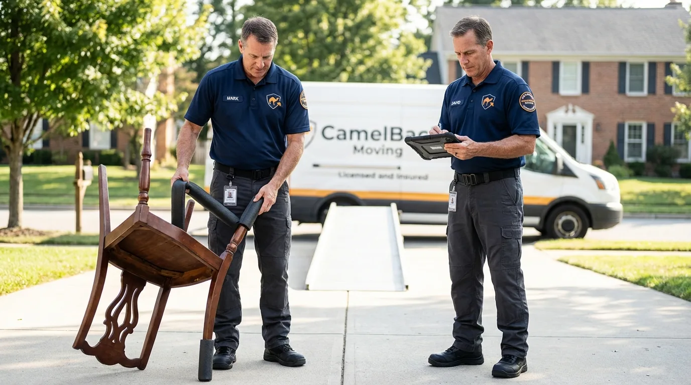 Movers inspecting furniture for damage prevention before loading in Tama, IA