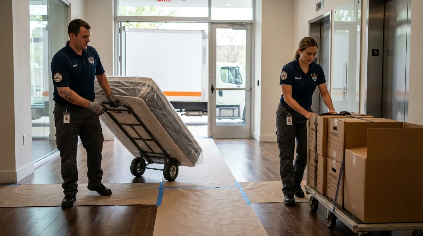 Professional apartment movers loading elevator in Tama, IA