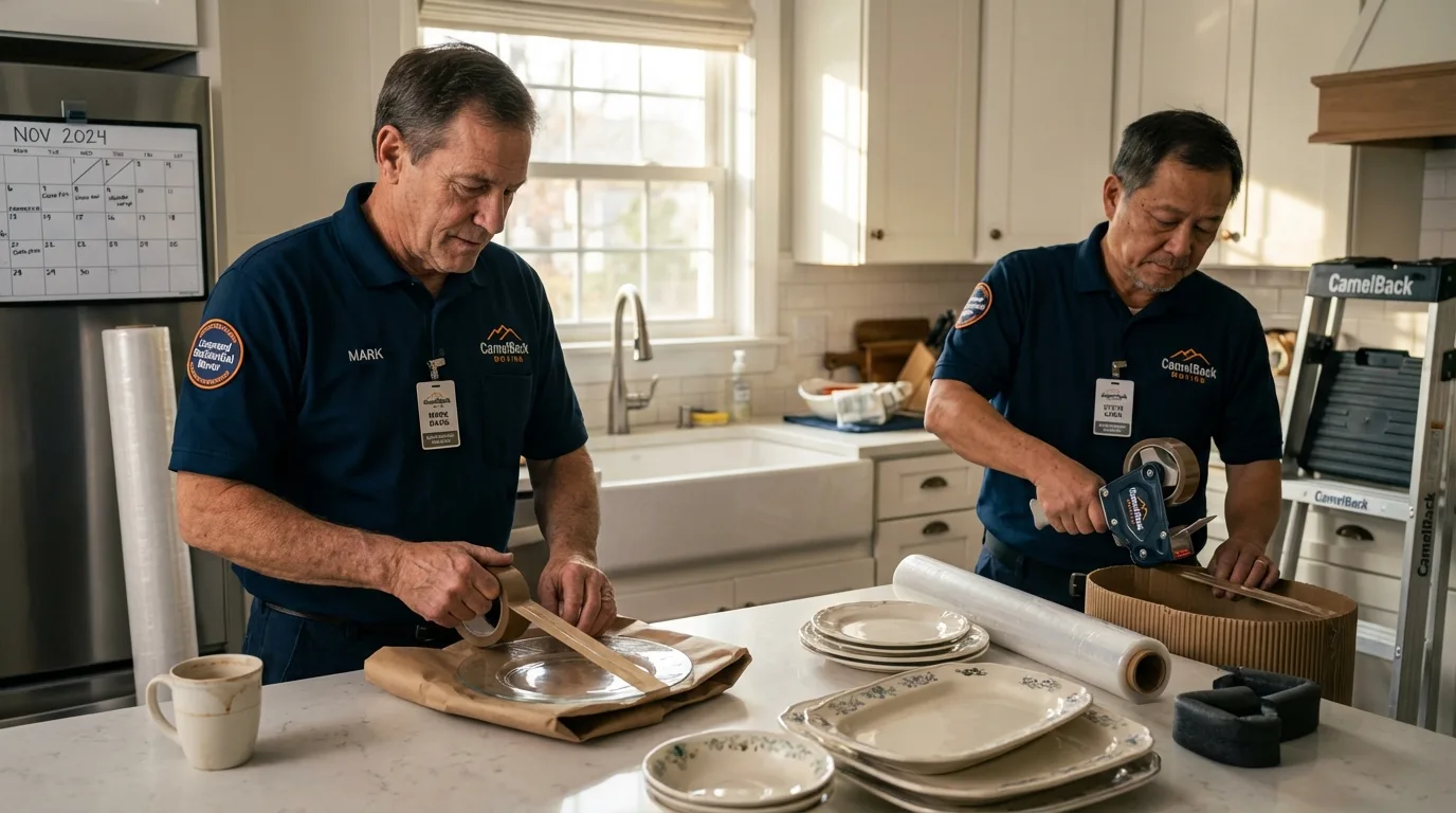 Professional crew packing kitchen dishware in Tama, IA